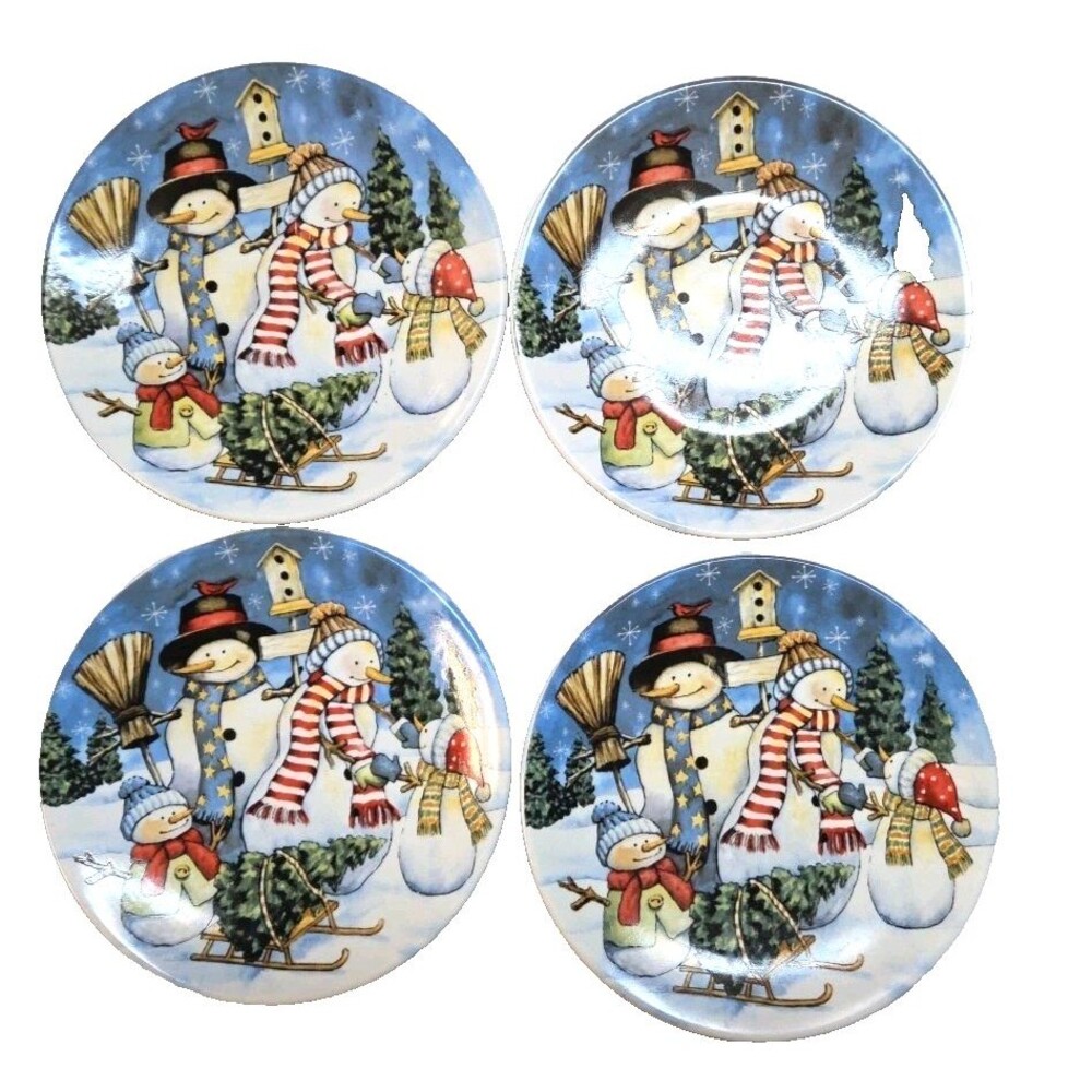 Set Of 4 Snowman Family Decorative Plates W/ Winter Scene & Birdhouse Christmas